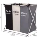 Cesto de ropa sucia plegable de 3 compartimentos, gris, 68x64x38cm.