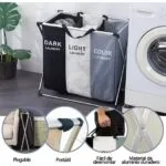 Cesto de ropa plegable con 3 compartimentos para organizar y almacenar ropa en el hogar.