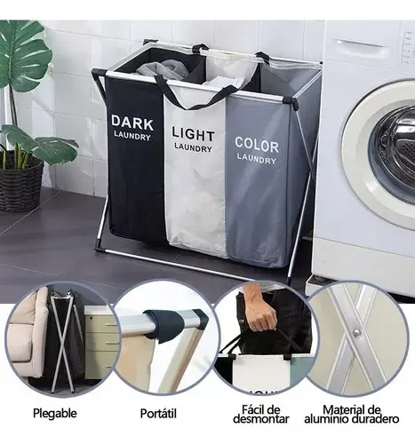 Cesto de ropa plegable con 3 compartimentos para organizar y almacenar ropa en el hogar.