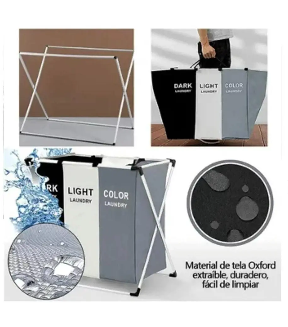 Cesto de ropa plegable para el hogar, organizador de 3 compartimentos, oscuro, claro y a color.