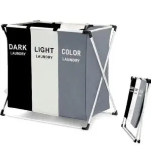 Cesto de ropa plegable de 3 compartimentos para separar ropa oscura, clara y de color.