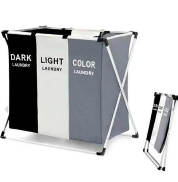 Cesto de ropa plegable de 3 compartimentos para separar ropa oscura, clara y de color.