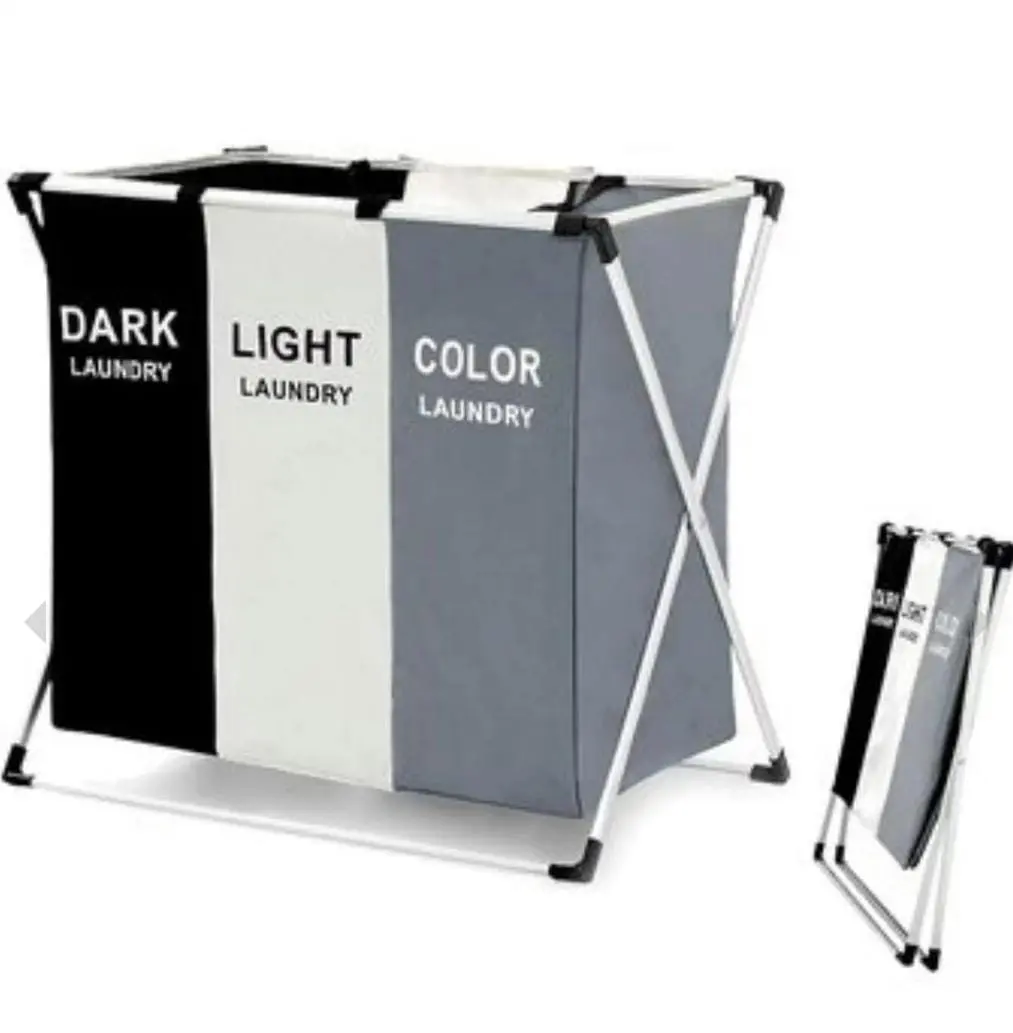 Cesto de ropa plegable de 3 compartimentos para separar ropa oscura, clara y de color.
