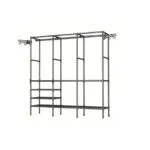 Closet organizador de ropa triple, con estantes y tubos colgantes, metal gris.