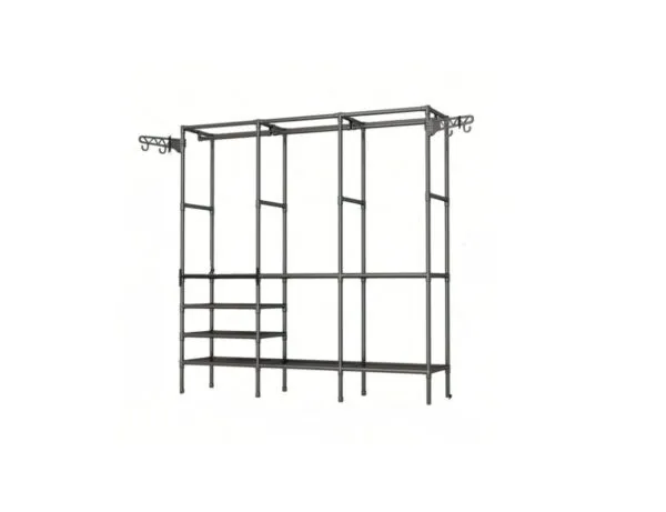 Closet organizador de ropa triple, con estantes y tubos colgantes, metal gris.