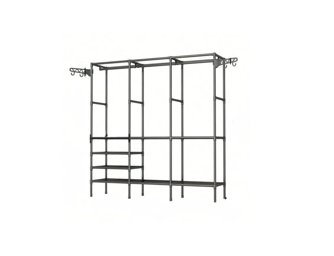Closet organizador de ropa triple, con estantes y tubos colgantes, metal gris.