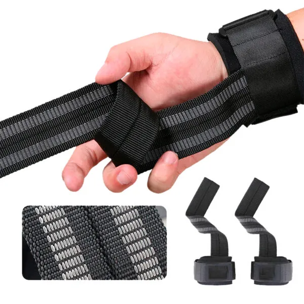 Set x2 Correas Lifting Straps Levantamiento, negro, con detalle de tejido y mano.