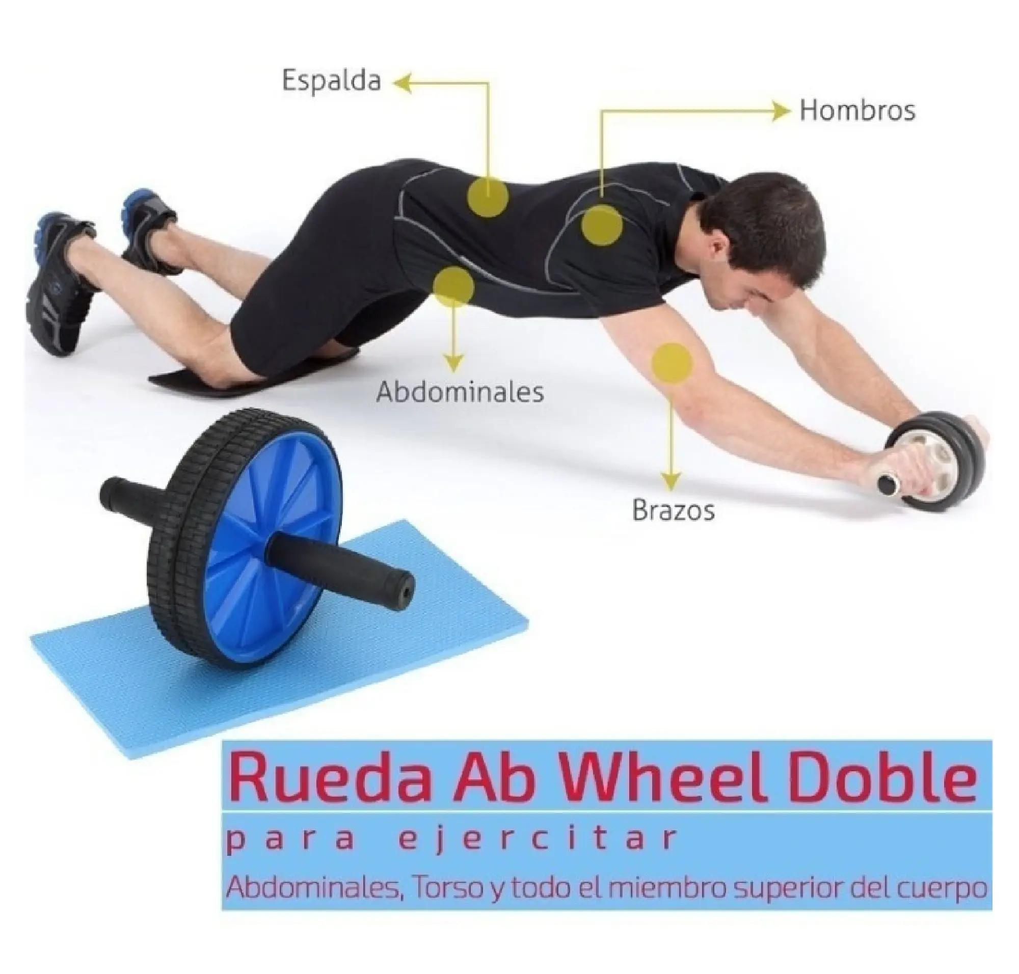 Hombre haciendo ejercicio con rueda abdominal doble para fortalecer abdomen, torso y brazos.