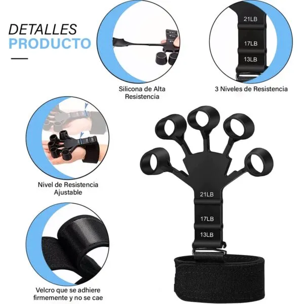 Set x2 Ejercitador de Dedos con Resistencia Ajustable: 13LB, 17LB, 21LB, silicona y velcro.