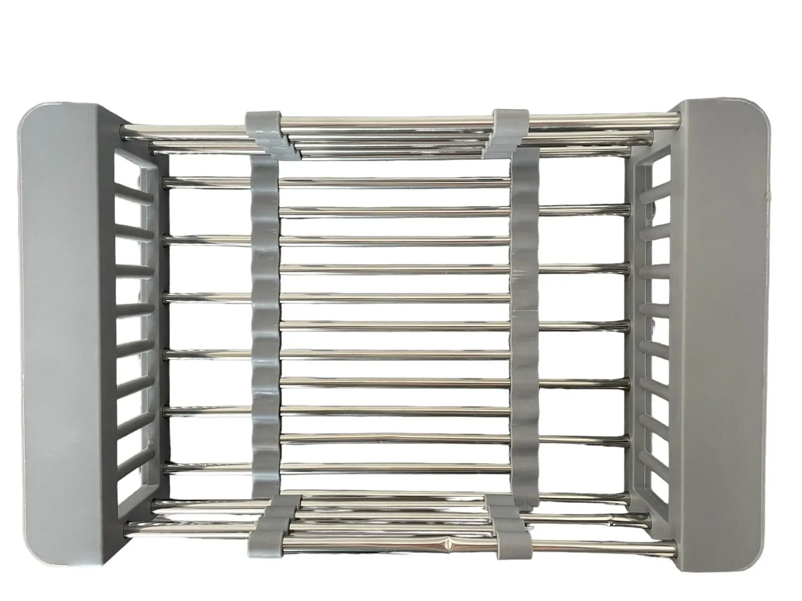 Escurridor de acero inoxidable para lavaplatos, ajustable y gris.