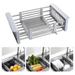 Escurridor de lavaplatos ajustable en acero inoxidable para secar platos, frutas y verduras.
