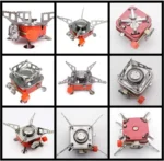 Estufa de gas butano portátil para exteriores, plegable, compacta y roja con quemador.