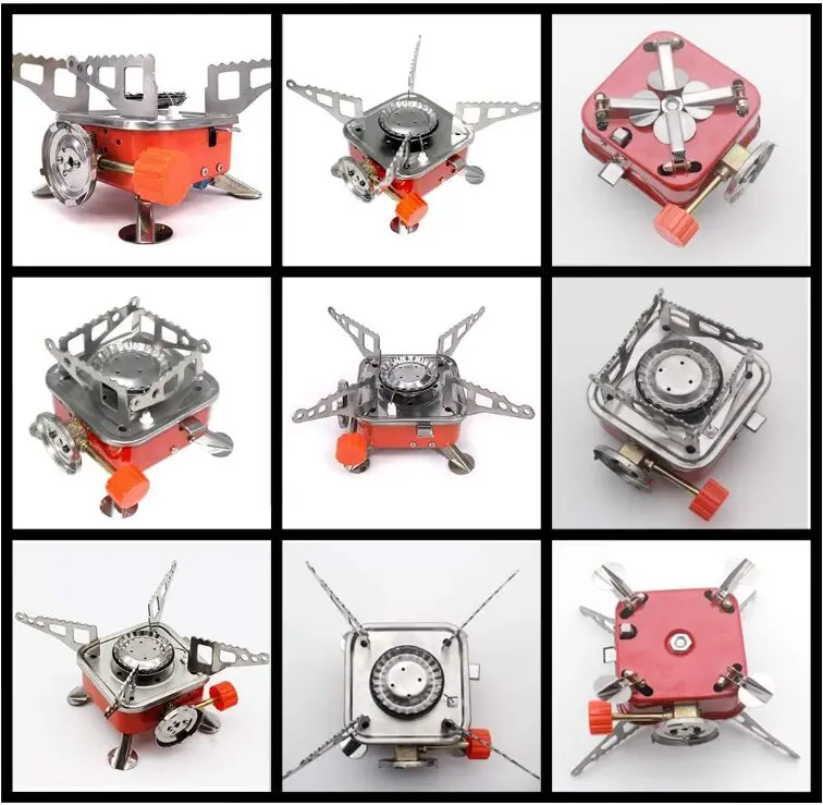 Estufa de gas butano portátil para exteriores, plegable, compacta y roja con quemador.