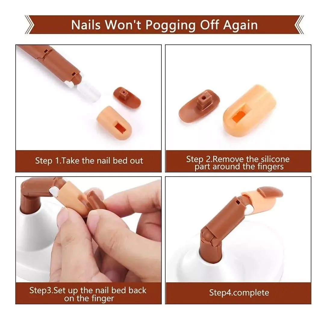 Dedos articulados para práctica de uñas: kit de dedos con base, instrucciones paso a paso.