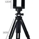 Mini trípode negro para cámara o celular con medidas 6.5cm y 16cm, ideal para estabilización.