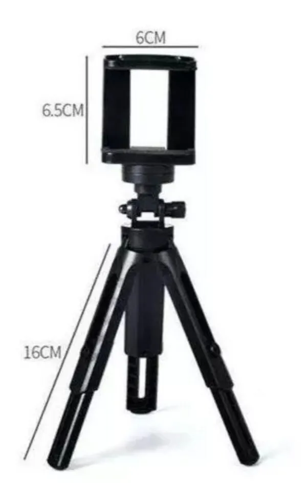 Mini trípode negro para cámara o celular con medidas 6.5cm y 16cm, ideal para estabilización.