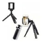 Mini trípode negro para cámara o celular con soporte ajustable, ideal para selfies estables.