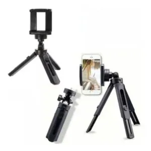 Mini trípode negro para cámara o celular con soporte ajustable, ideal para selfies estables.