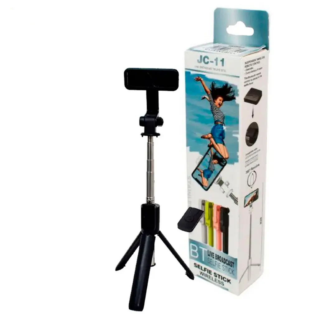 Palo de selfie con trípode JC-11 y control remoto inalámbrico para celular en fondo blanco.