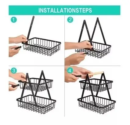 Organizador de frutas de 2 niveles negro, estructura metálica fácil de ensamblar.