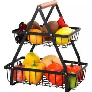 Organizador de frutas de 2 niveles con kiwi, naranjas, pimientos y tomates.