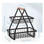 Organizador de frutas de 2 niveles negro con mango de madera, dimensiones 29.5cm x 27.2cm.