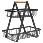 Organizador de frutas negro de 2 niveles con asa de madera, cesta de alambre para encimera.
