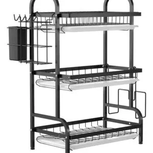 Platero escurridor de loza de 3 niveles con organizador lateral y colgadores de tazas.