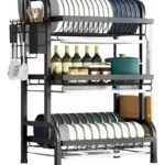 Platero escurridor 3 niveles con loza, botellas y ollas. Ideal organizador de cocina.