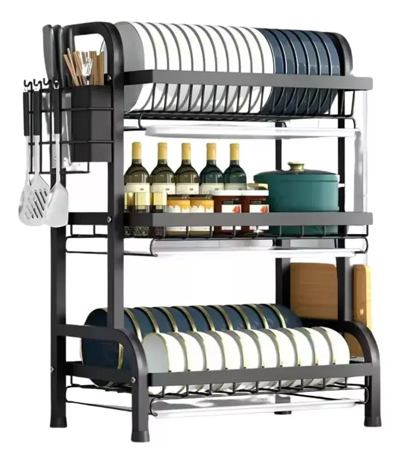 Platero escurridor 3 niveles con loza, botellas y ollas. Ideal organizador de cocina.