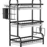 Platero escurridor de loza de 3 niveles negro con cubiertero y organizador de copas.