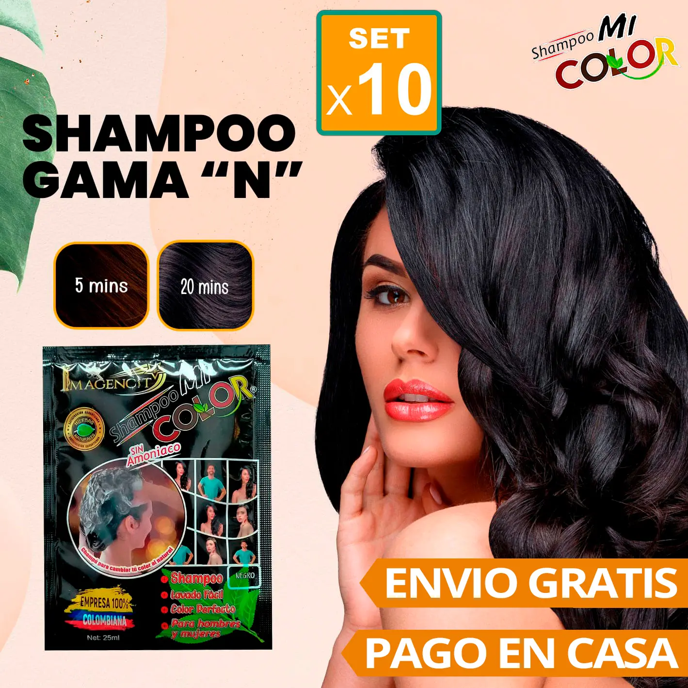 Set x10 sobres shampoo Mi Color Negro: Tinte natural sin amoniaco, cubre canas. Envío gratis.
