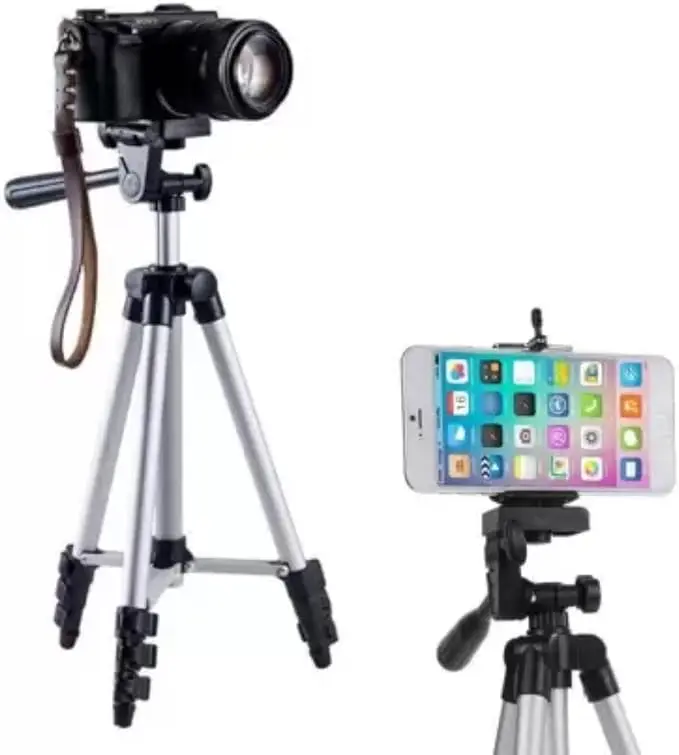 Trípode 3110 con cabezal tridimensional para cámara y celular, ideal para fotografía y video.