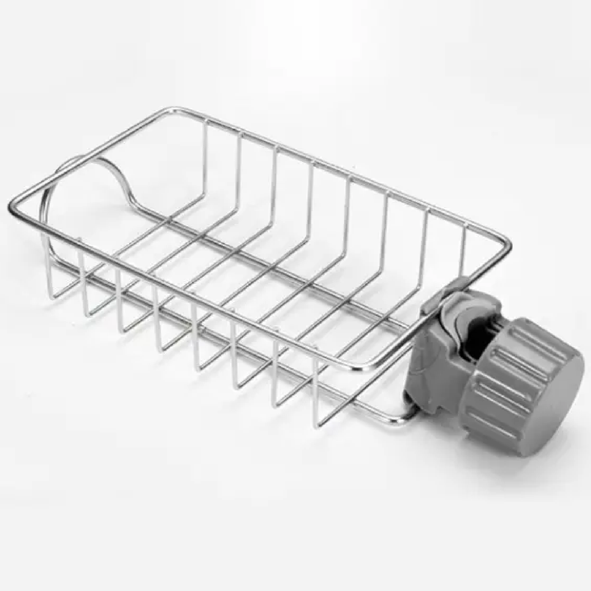 Escurridor metálico para esponjas y jabón con soporte ajustable al grifo de la cocina.