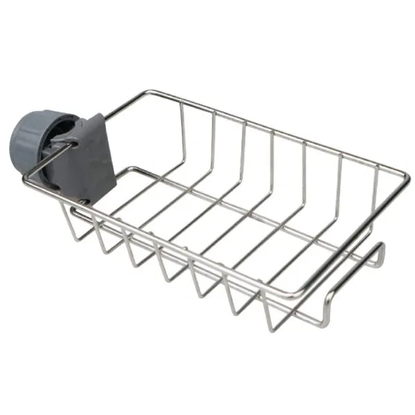 Soporte escurridor metálico para esponjas y jabón que se ajusta al grifo.