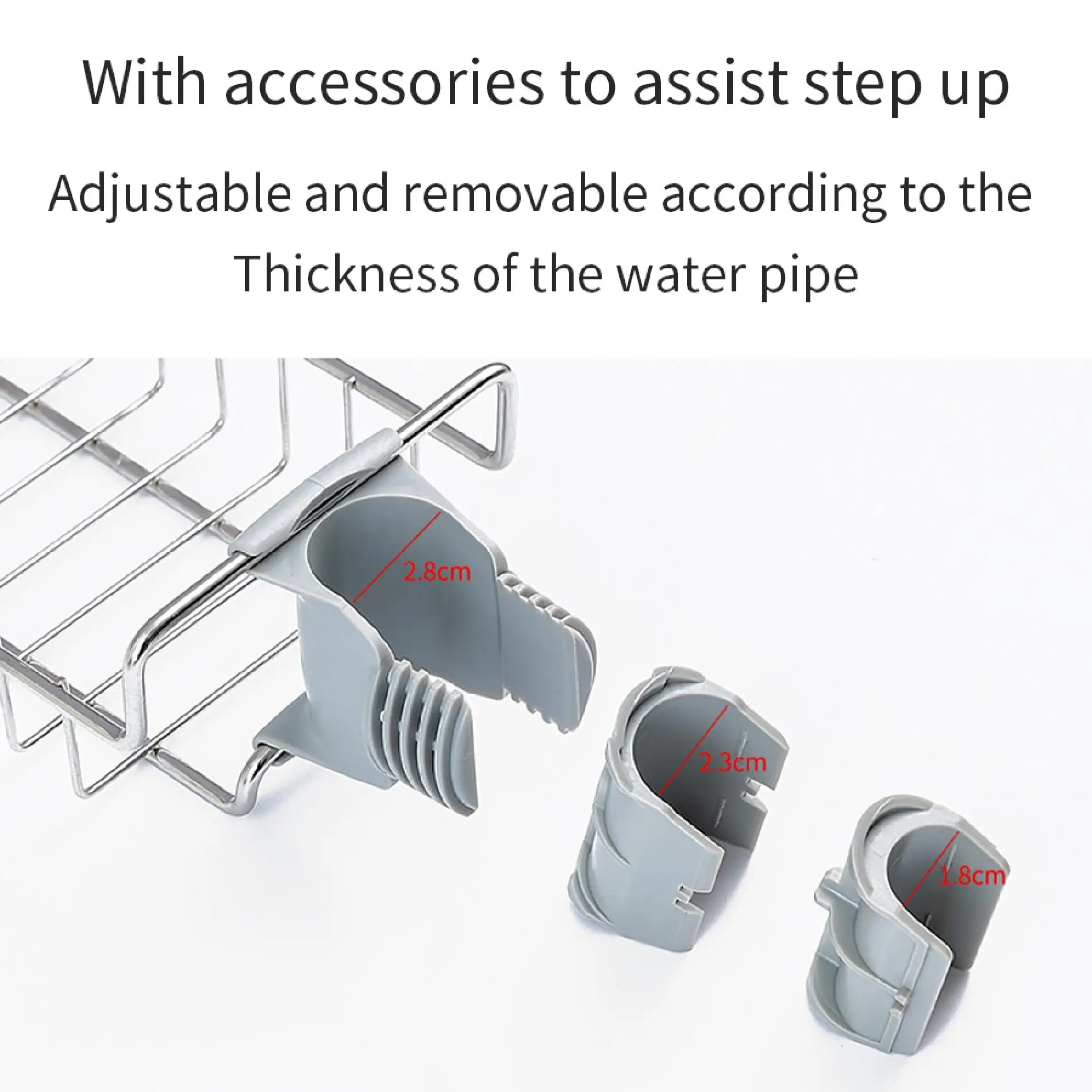Soporte escurridor para grifo de metal, con accesorios ajustables para diferentes grosores de tubería.