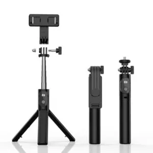 Trípode para celulares y cámaras, con soporte ajustable y mango extensible con control.