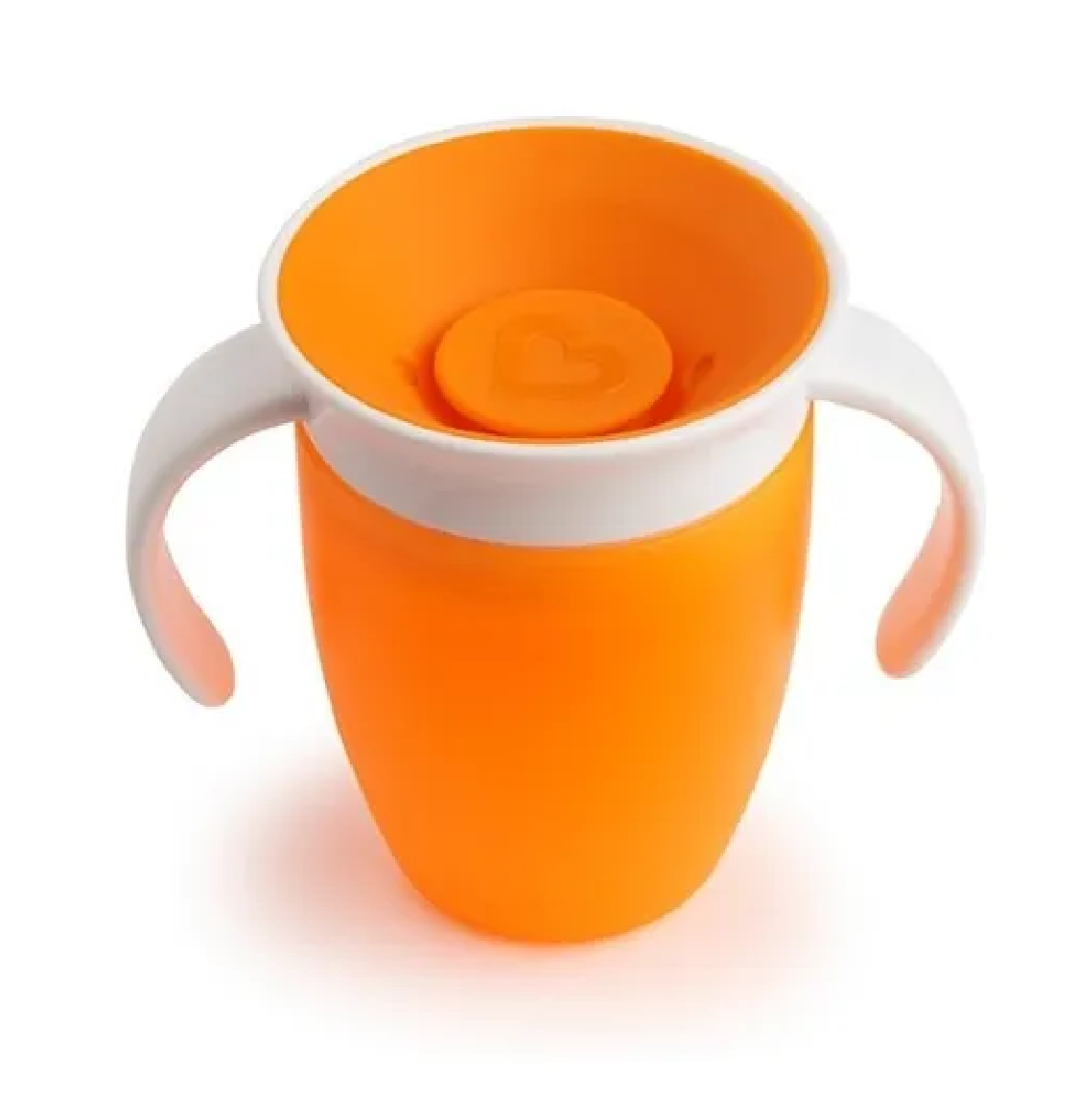 Vaso entrenador 360° para bebés, antiderrame, 7 oz, color naranja con asas blancas.