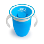 Vaso entrenador 360° antiderrame para bebés y niños, azul y blanco, con asas.