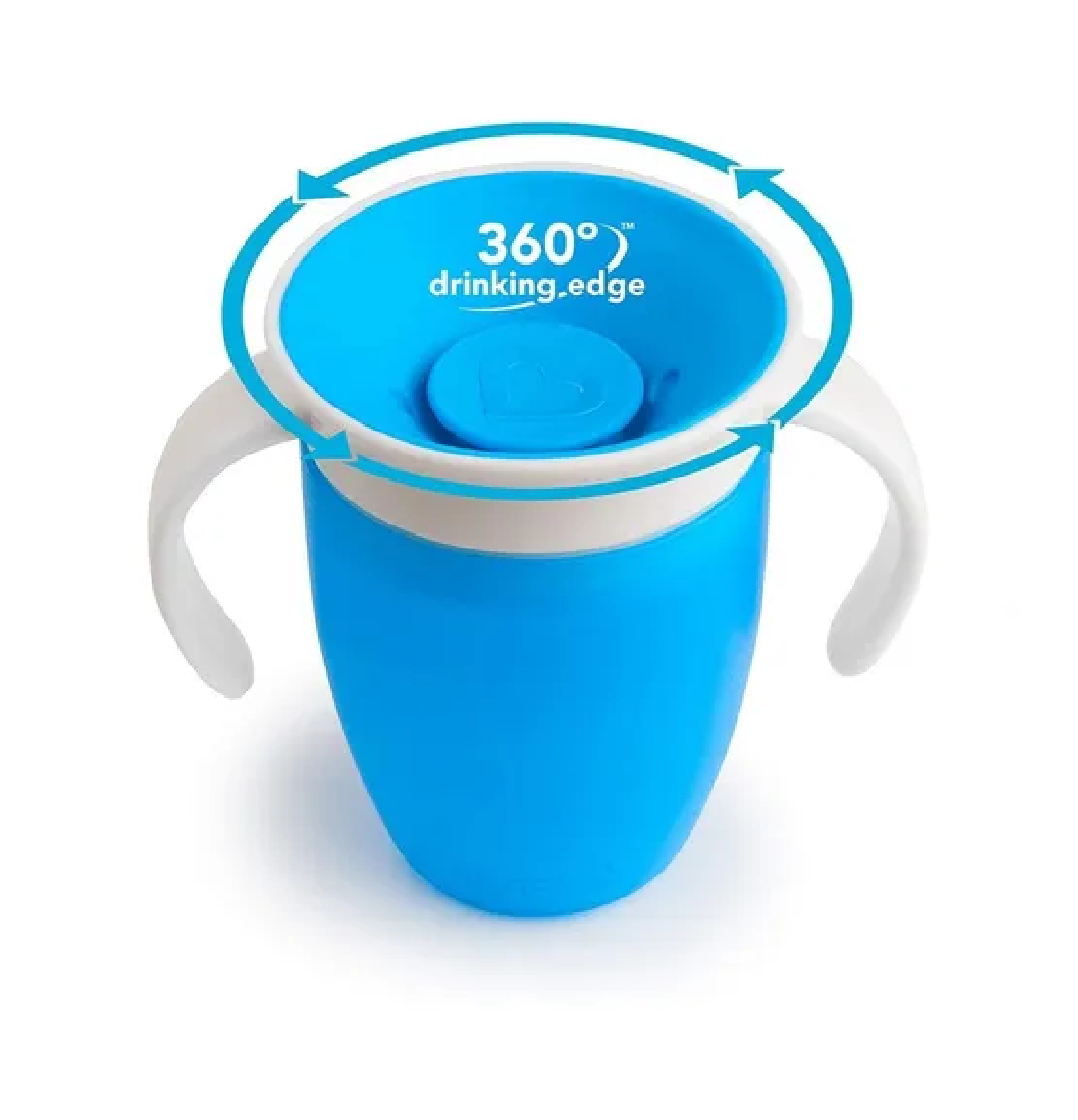 Vaso entrenador 360° antiderrame para bebés y niños, azul y blanco, con asas.