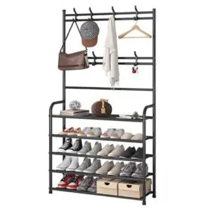 Zapatero organizador tipo closet de 5 niveles con ganchos para colgar ropa, sombreros y bolsos.