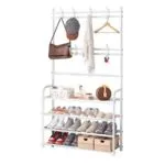 Zapatero blanco de 4 niveles con ganchos: ideal para organizar zapatos, bolsos y sombreros.