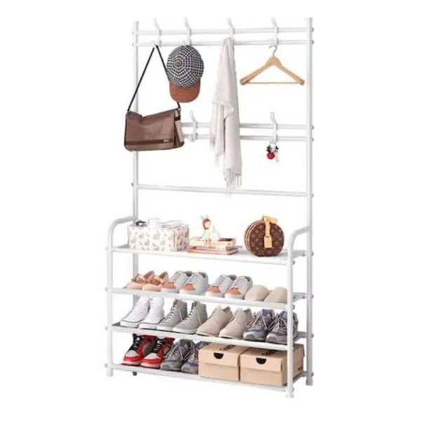 Zapatero blanco de 4 niveles con ganchos: ideal para organizar zapatos, bolsos y sombreros.