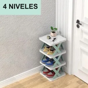 Organizador de zapatos multiestante de 4 niveles con tenis, relojes y planta.