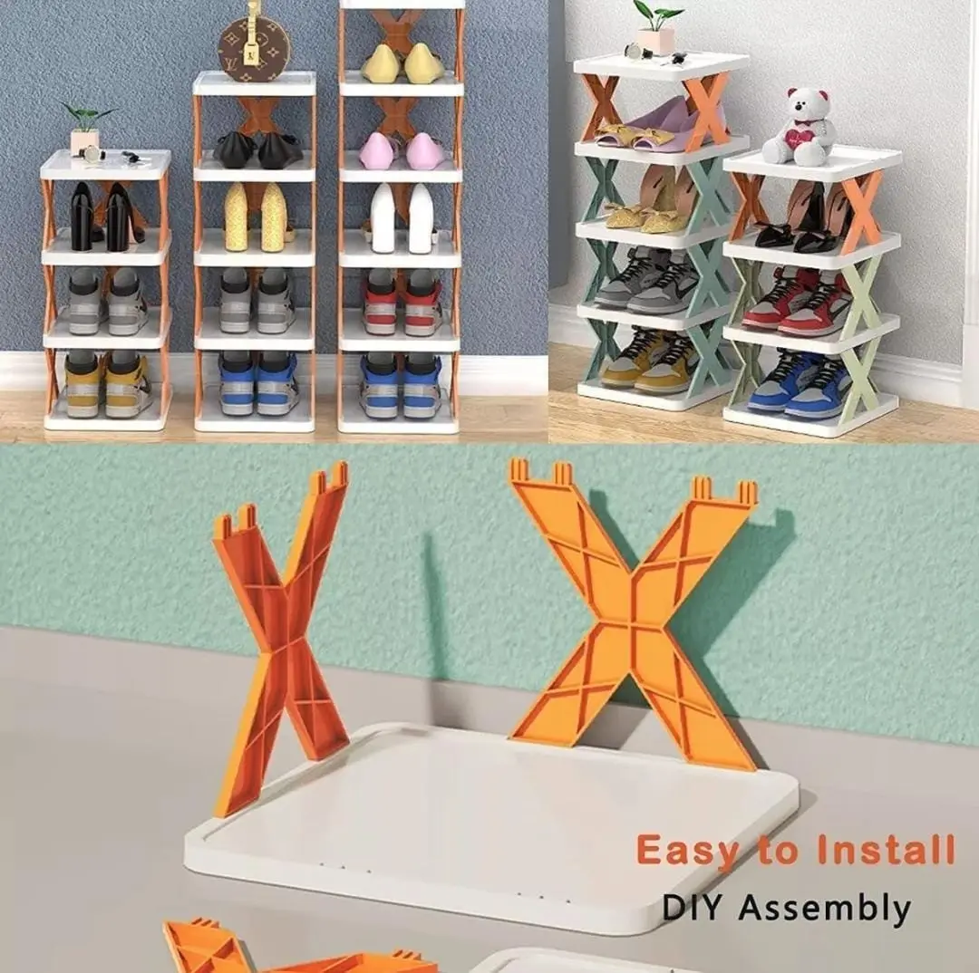 Multiestante x4 niveles para organizar zapatos con diseño X, fácil instalación DIY.