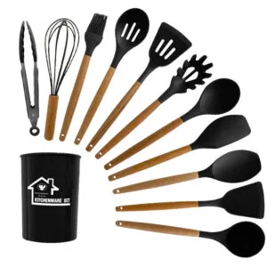 Juego de 12 utensilios de cocina de silicona resistentes al calor con mangos de madera, ideal para uso diario.