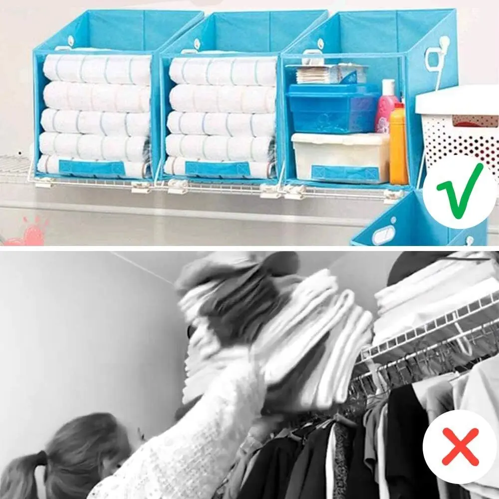 Organizador de ropa Dady plegable: ropa doblada y ordenada en cestas azules en un armario.