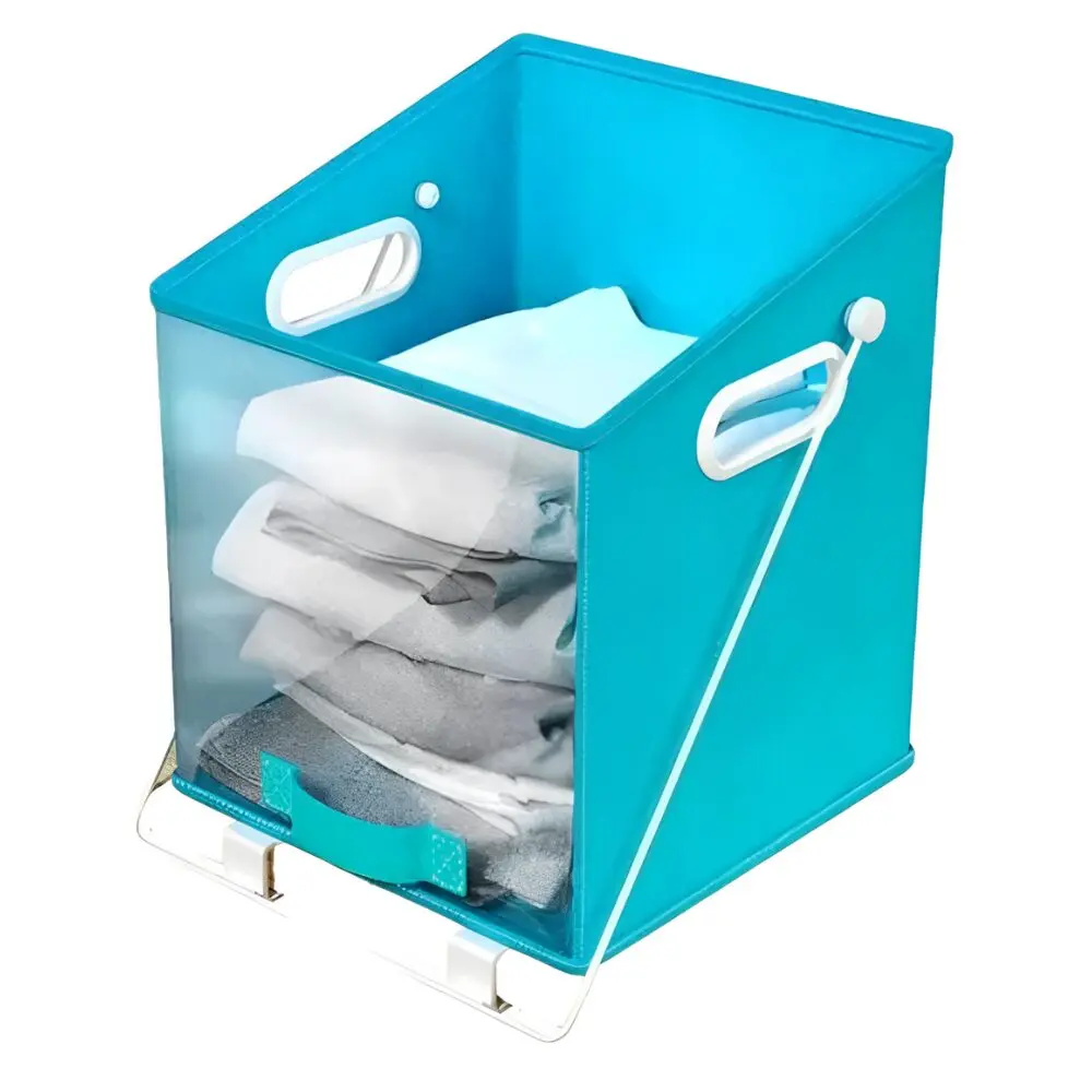 Organizador de ropa azul plegable Dady con ventana transparente y asas, ideal para ropa doblada.