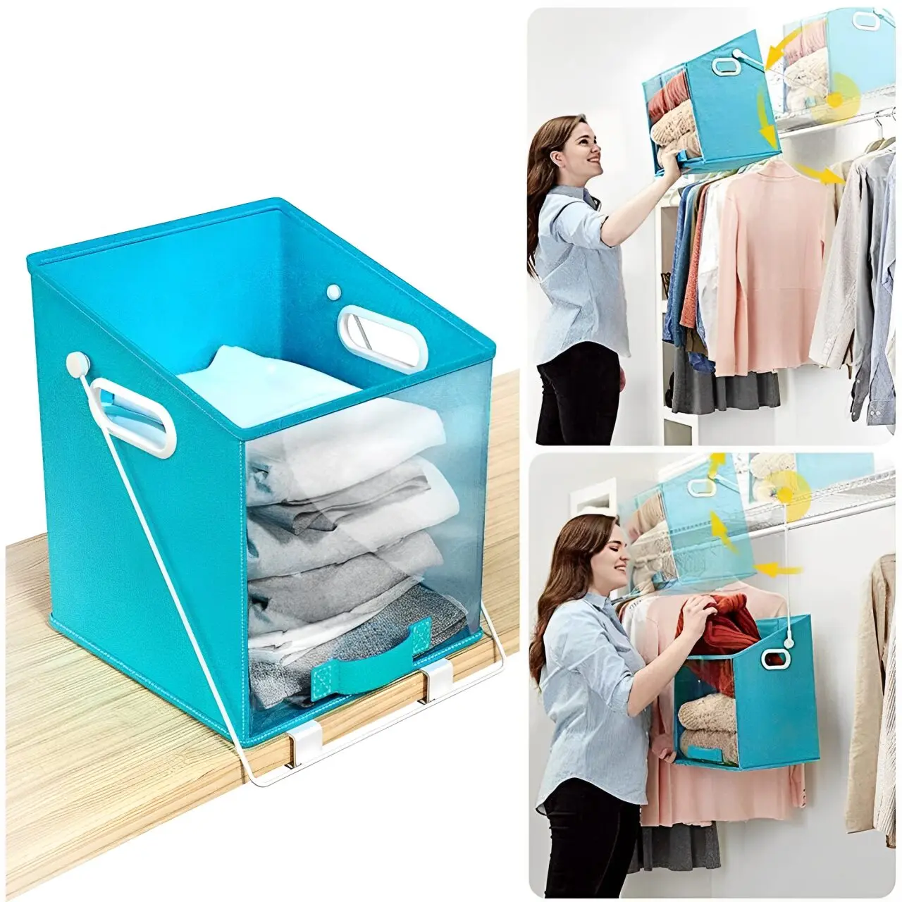 Cesta plegable Dady organiza ropa en clóset, con ventana transparente y asas.