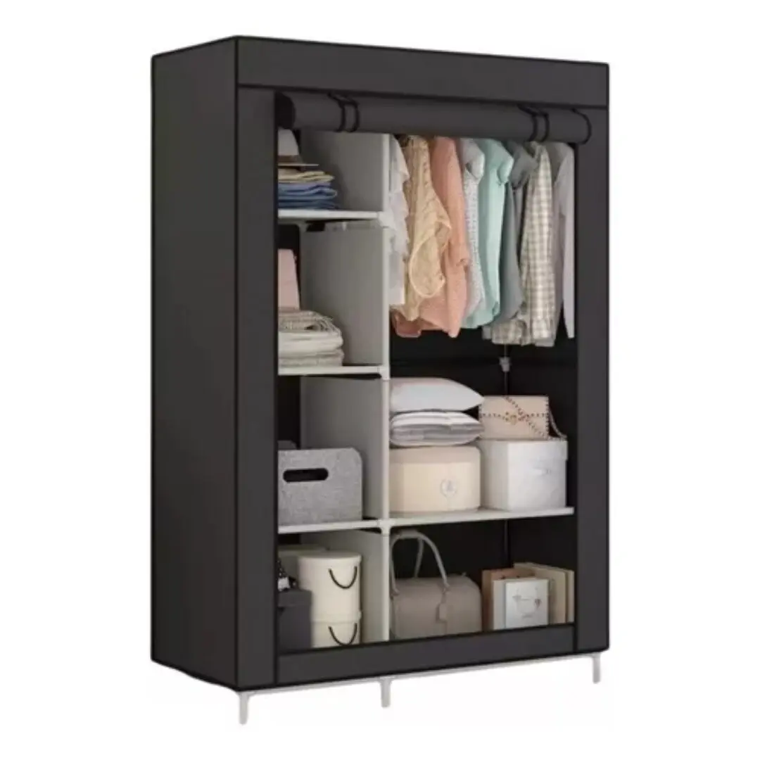 Closet organizador desarmable con ropa colgada, estantes y cajas de almacenamiento.